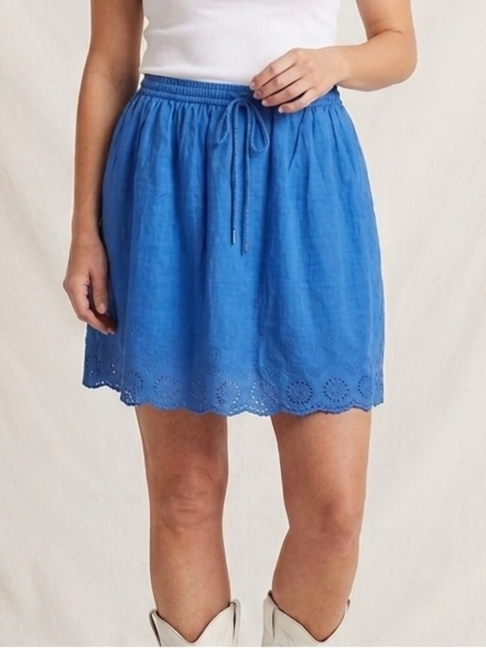 Eyelet Lace trimmed skirt, Dusty Blue Cotton Woven, pull-on, Timeout brand,sz 40